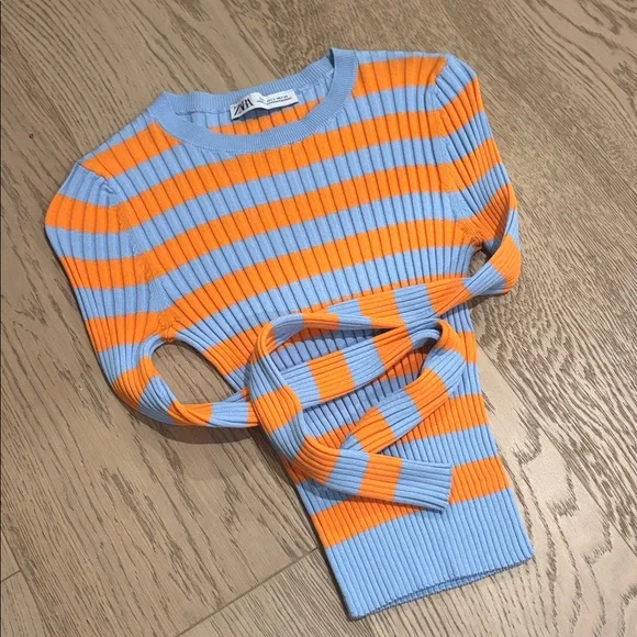 Zara Vibrant Orange and Blue Striped Long Sleeve Top Size S - Picture 4 of 4